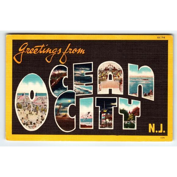 Vintage Postcard - Beach Greetings From Ocean City NJ - Large Letter Linen - Picture 1 of 2